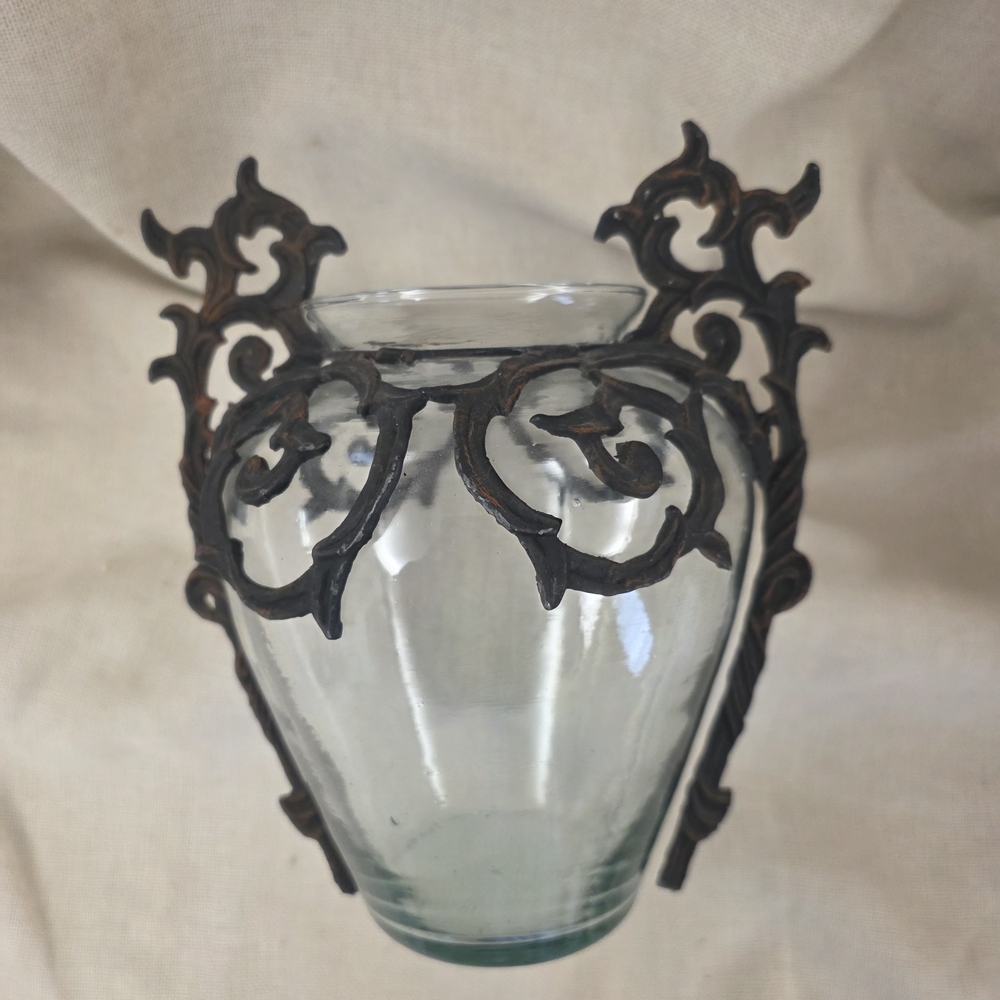 Elegant Glass Vase with Ornate Black Accents